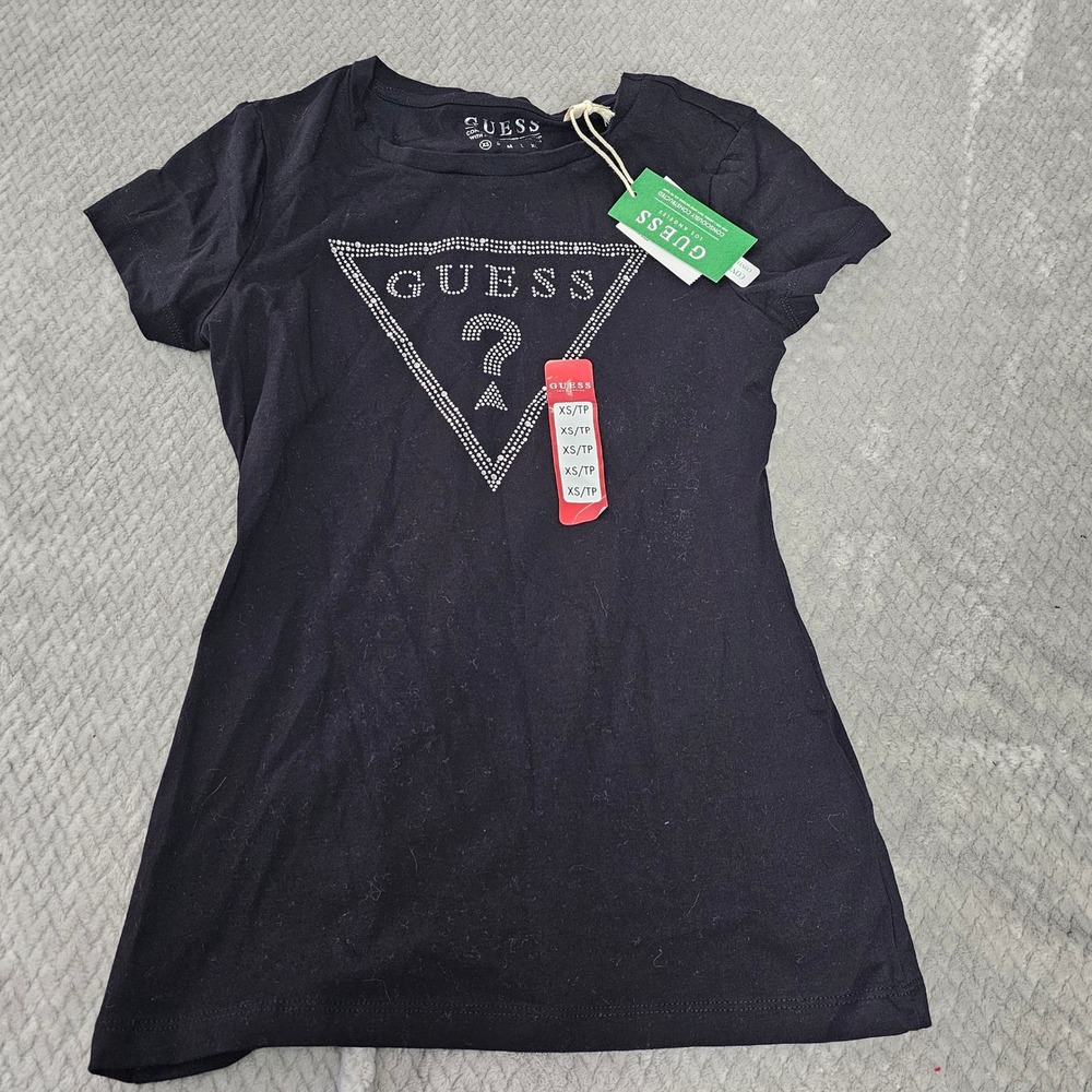 GUESS Black Logo Tee Rhinestone Triangle XS NWT